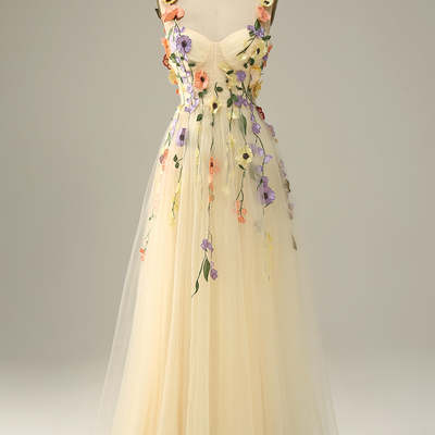 Yellow a line flower embroidery prom dress evening dress