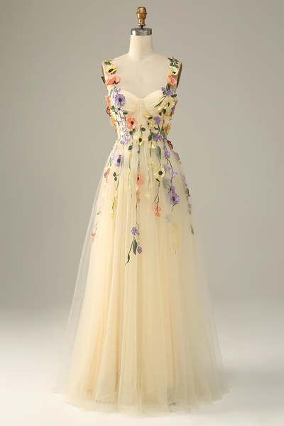 Yellow A Line Flower Embroidery Prom Dress Evening Dress