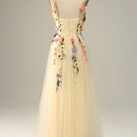 Yellow A Line Flower Embroidery Prom Dress Evening Dress - Thumbnail 1