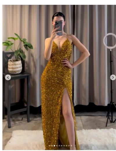 Sparkle Gold Sequins Lace Prom Dress Evening Dress