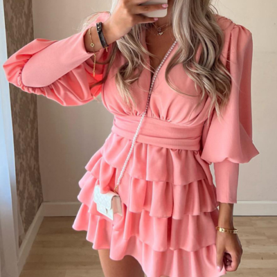 V-neck women pink long-sleeved dress - Thumbnail 1