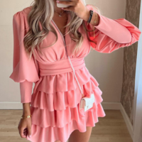 V-Neck Women Pink Long-Sleeved Dress - Thumbnail 1