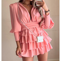 V-Neck Women Pink Long-Sleeved Dress - Thumbnail 2