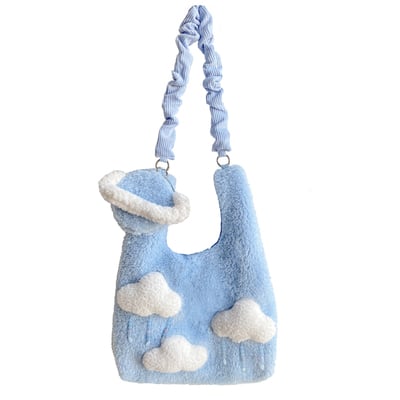 Plush fluffy cute cloud raindrops blue women messenger shoulder bag & planet wallet