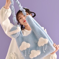 Plush Fluffy Cute Cloud Raindrops Blue Women Messenger Shoulder Bag & Planet Wallet - Thumbnail 4