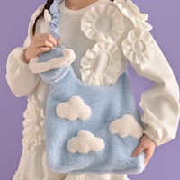Plush Fluffy Cute Cloud Raindrops Blue Women Messenger Shoulder Bag & Planet Wallet - Thumbnail 7