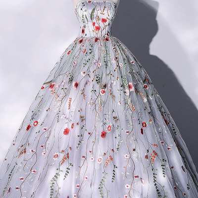 Gorgeous strapless floral light grey long wedding dress bridal gowns with appliques