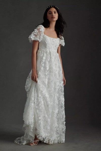 Beach Simple Lace 3D Handmade Flower Wedding Dress Bridal Gown