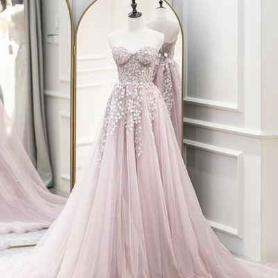 Pink tulle sweetheart long party dress with lace, beautiful a-line prom dress - Thumbnail 1