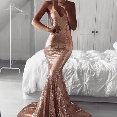 Simple v neck sparkling sequin prom dresses  - Thumbnail 2