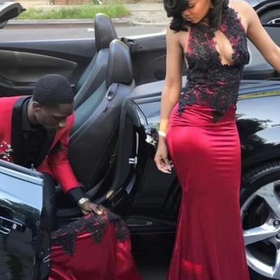 Halter a line mermaid prom dress with black lace