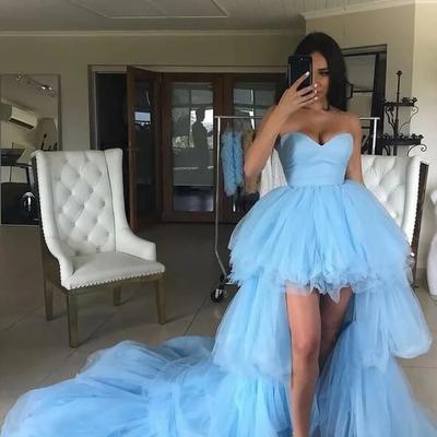 Sweetheart light blue high low tulle prom dresses - Thumbnail 2