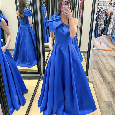 Blue satin long prom dress with bow, one shoulder evening party dress - Thumbnail 1