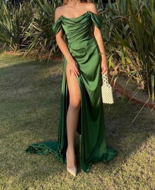 Off the shoulder green silk satin prom dress with side slit