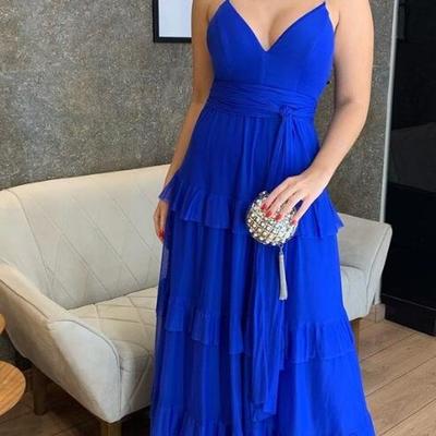 A line royal blue chiffon prom dresses with ruffles