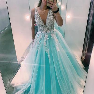 A line v neck tulle prom dress with flowers - Thumbnail 1