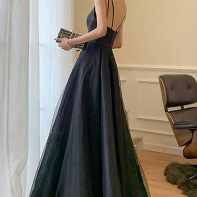 Floor length open back black long prom dress - Thumbnail 3