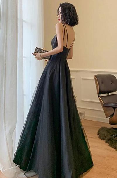 Floor Length Open Back Black Long Prom Dress