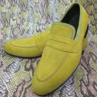 Handmade lemon green color pure suede loafers moccasin formal shoes