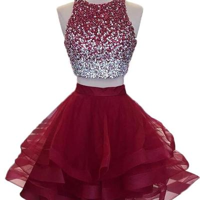 Two piece a line burgundy short homecoming dresses  - Thumbnail 2