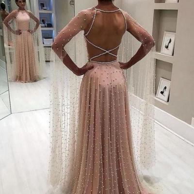 Sexy pink backless pearls sleeveless evening dresses