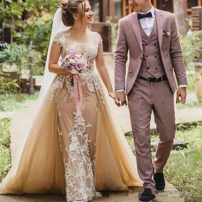 Vintage boho champagne mermaid wedding gowns with detachable train rustic 2 in 1 plus size garden country bridal dresses