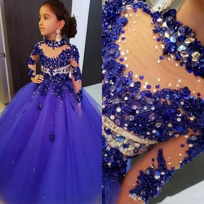 High neck girls pageant dresses for weddings long sleeve royal blue beads flower girl dress floor length kids birthday communion dress - Thumbnail 5