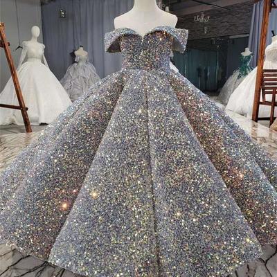 Luxury silver bling sequin girls pageant dresses fluffy off the shoulder ruched flower girl dresses ball gowns party dresses for girls - Thumbnail 4