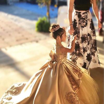 Lace applique satin first communion dresses kids evening ball gown bow back girls pageant dress jewel flower girl dresses - Thumbnail 5