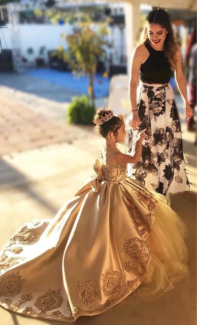Lace Applique Satin First Communion Dresses Kids Evening Ball Gown Bow Back Girls Pageant Dress Jewel Flower Girl Dresses