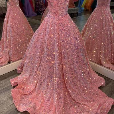 Iridescent girl pageant dress pink sequin beading off-shoulder little kid birthday formal party gown a-line toddler teens preteen floor-length - Thumbnail 3