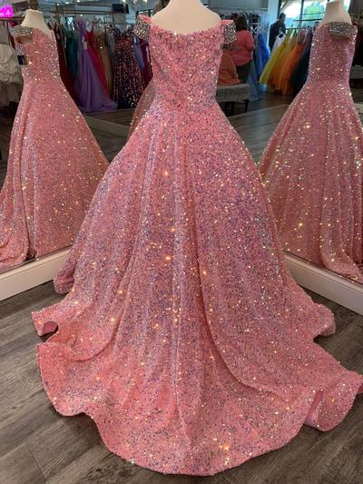 Iridescent Girl Pageant Dress Pink Sequin Beading Off-Shoulder little Kid Birthday Formal Party Gown A-Line Toddler Teens Preteen Floor-Length