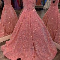 Iridescent Girl Pageant Dress Pink Sequin Beading Off-Shoulder little Kid Birthday Formal Party Gown A-Line Toddler Teens Preteen Floor-Length - Thumbnail 1