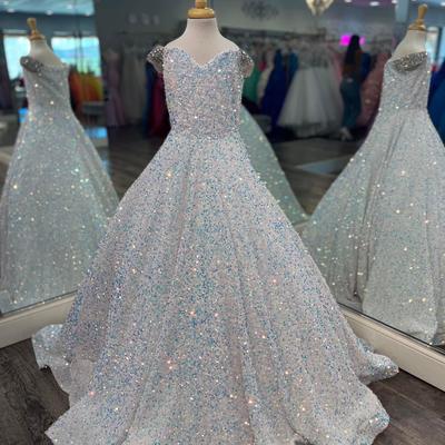 Iridescent girl pageant dress white sequin beading off-shoulder little kid birthday formal party gown a-line toddler teens preteen floor-length - Thumbnail 5