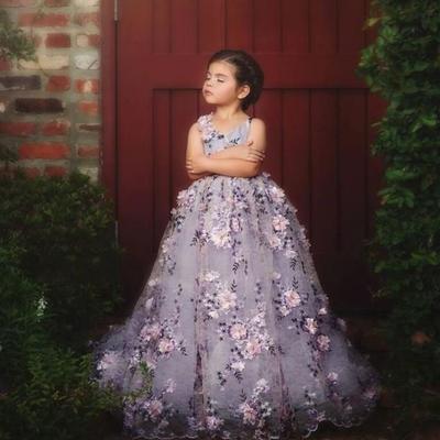 Lavender lace little girls pageant dresses 3d appliques toddler ball gown flower girl dress floor length tulle first communion gowns - Thumbnail 5
