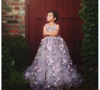 Lavender Lace Little Girls Pageant Dresses 3D Appliques Toddler Ball Gown Flower Girl Dress Floor Length Tulle First Communion Gowns