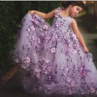 Lavender Lace Little Girls Pageant Dresses 3D Appliques Toddler Ball Gown Flower Girl Dress Floor Length Tulle First Communion Gowns - Thumbnail 1