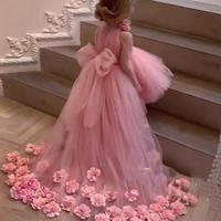 Flower Girl Dresses Tulle Girl's Pageant Dresses for Party High Neck Sleeves Sweep Train 3D Floral Applique Communion Dress - Thumbnail 1