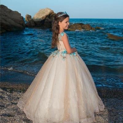  beaded crystals tulle ball gown girls pageant dresses 2019 floral appliques flower girls dresses for weddings kids birthday communion - Thumbnail 4