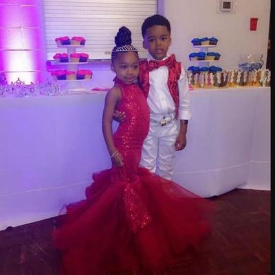 Fashion sparkling red sequins plus size girls pageant dresses with mermaid tulle ruffles floor length prom dress for girl - Thumbnail 1