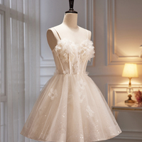 Light Champagne Tulle Short Prom Dress, Cute A-Line Homecoming Party Dress - Thumbnail 2