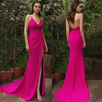 Spaghetti straps fuchsia long backless evening dresses - Thumbnail 5