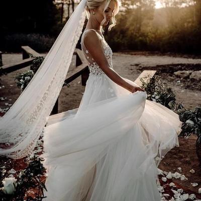 A-line sleeveless v-neck country boho beach wedding dress with lace applique  - Thumbnail 3