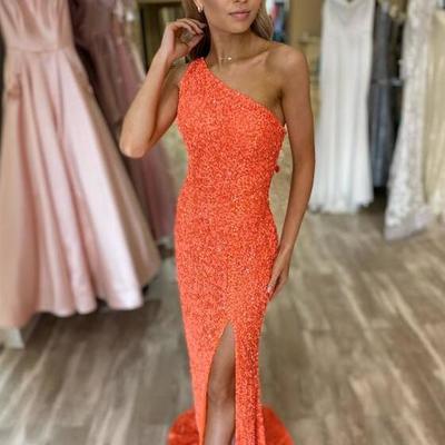 Elegant simple one shoulder orange sequin prom dresses - Thumbnail 2