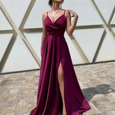 A-line burgundy v-neck satin evening dress with slit - Thumbnail 2