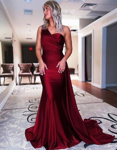 One Shoulder Mermaid Dark Red Prom Dresses