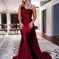 One Shoulder Mermaid Dark Red Prom Dresses - Thumbnail 1