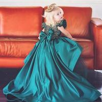 Hunter Green Cute Hi lo Girls Pageant Dresses Sweep Train Sequin Beaded Flower Girl Party Gowns  - Thumbnail 1