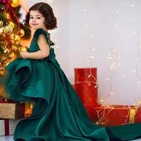 Hunter Green Cute Hi lo Girls Pageant Dresses Sweep Train Sequin Beaded Flower Girl Party Gowns  - Thumbnail 3