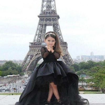 Long sleeves little girls pageant dresses black high low jewel flower girl dresses for teens formal holy communion dresses - Thumbnail 4